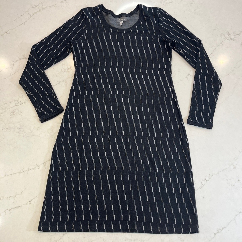 Ibex 100% Merino Wool Long Sleeve Knit Dress Black Gray Geometric Pattern Sz L